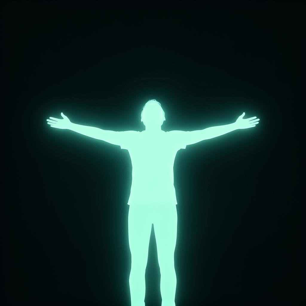 Glowing silhouette of a person standing with arms outstretched